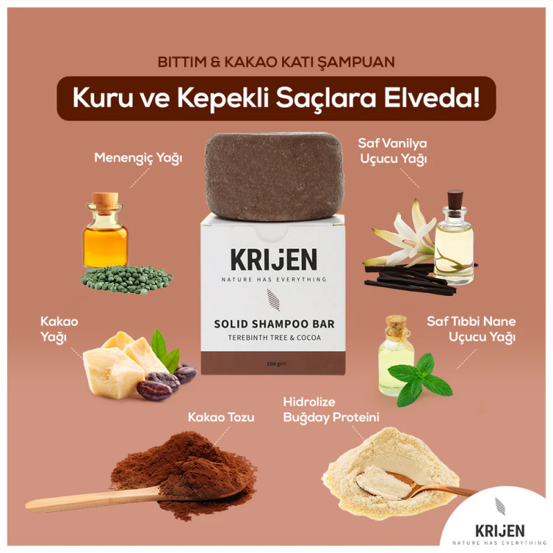 Bıttım & Kakao Katı Şampuan | Bitkisel Keratin + E Vitamini + Panthenol + Doğal Yağlar