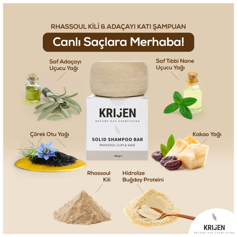 Rhassoul Kili & Adaçayı Katı Şampuan | Bitkisel Keratin + E Vitamini + Panthenol + Doğal Yağlar